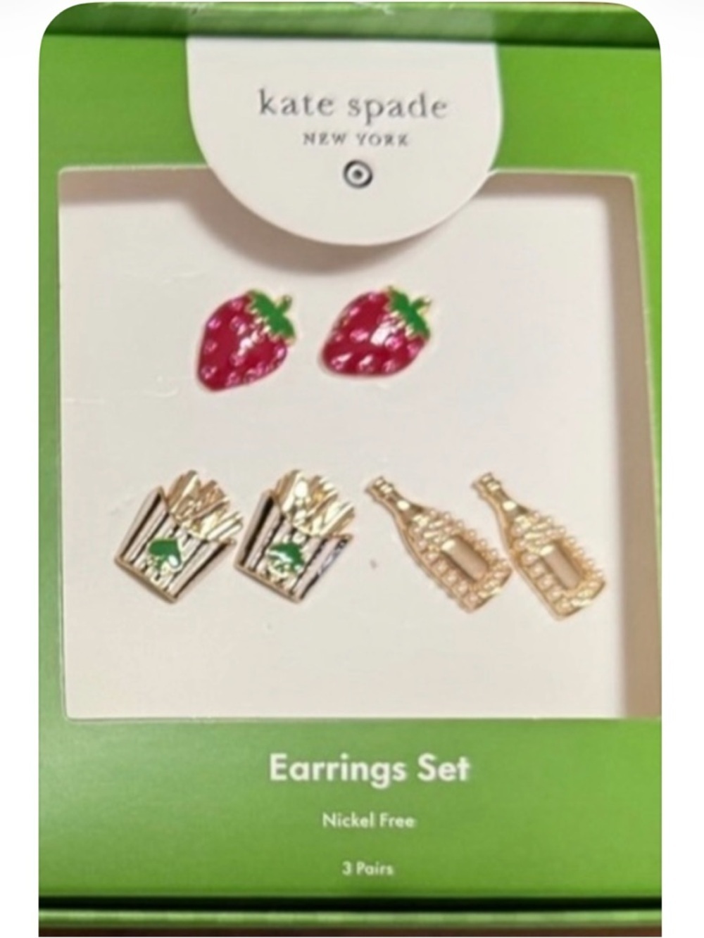 Kate Spade 3 Pair Novelty Earring Set Strawberries Fries Champagne NWT